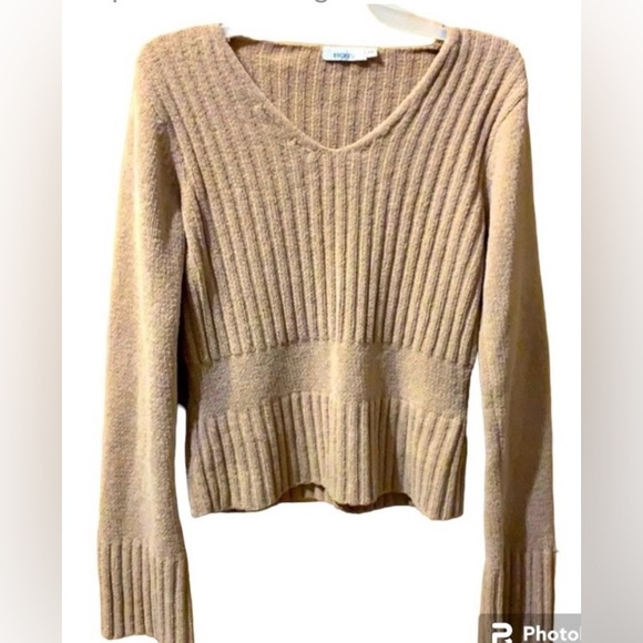 Cozy Tan V-Neck Ribbed Sweater - Picture 1 of 3